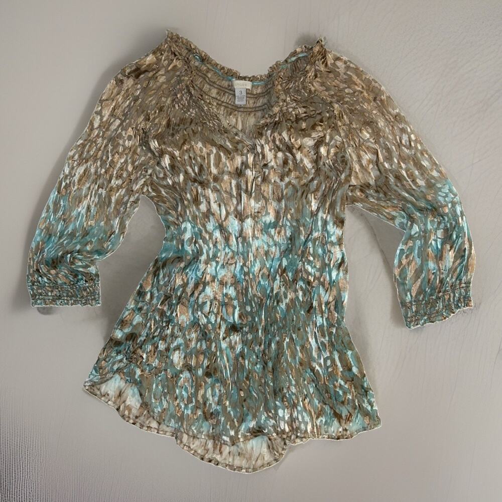 Size 3 Chico's Silk Burnout Blouse Gold/Aqua / Blue / Metallic Smocked V-Neck XL